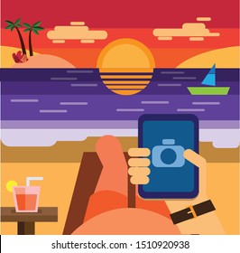 Holiday, summertime. Man lying on a beach capture sunset with smartphone, flat design background