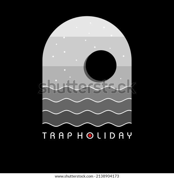 holiday with a sunset and wavy sea\
vector image theme, suitable for posters, banners, shirt screen\
printing, and flags, black and white,\
grayscale.