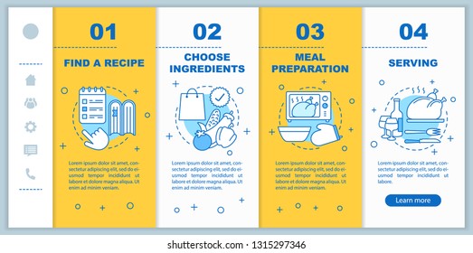 Holiday supper onboarding mobile web pages vector template. Choosing recipes, ingredients, food preparation, serving. Responsive smartphone website interface. Webpage walkthrough step screens concept