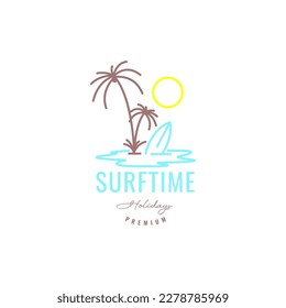 holiday surf sea beach ocean coconut tree sun day colorful minimal logo design vector