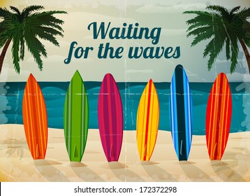 Holiday Surfboards On The Ocean Beach Card Vector Illustration