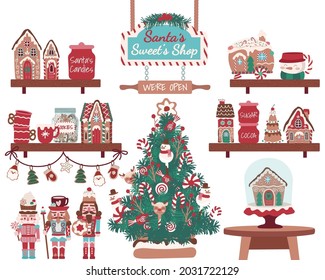 Holiday Sweet Christmas tree, gingerbread house, nutcracker, biscuits and sweets for cards, media, fabric, linen, textiles and wallpaper