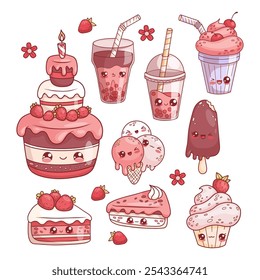 Holiday sweet food and drink set. Isolated vector kawaii cartoon character. Festive birthday cake with candles and strawberries, cupcake, ice cream, bubble tea and cream milk shake with cherry.