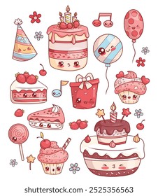 Conjunto de alimentos dulces Festiva. Alimento de personaje de dibujos animados kawaii aislado. Pastel de cumpleaños festivo con velas y fresas, cupcakes, gorra de cumpleaños y globo, piruleta y regalo. Ilustración vectorial.