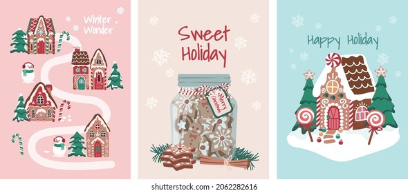 Holiday sweet gingerbread house and sweets illustration set for cards, media, fabric and wallpaper