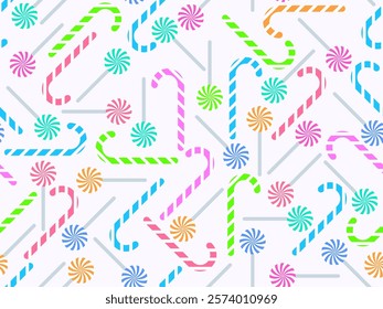 Holiday sweets candy canes seamless pattern. Striped lollipop and candy in minimalist style. Design for wallpapers, covers, wrappers and banners. Vector illustration