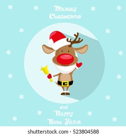 Holiday symbol. Icon colorful cute reindeer in santa hat. Circle on blue background. Snowflakes. Design element for decoration poster, banner, flyer, greeting card. Cartoon style. Vector illustration