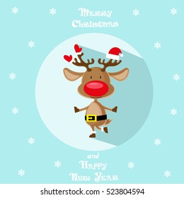 Holiday symbol. Icon colorful cute reindeer in santa hat. Circle on blue background. Snowflakes. Design element for decoration poster, banner, flyer, greeting card. Cartoon style. Vector illustration