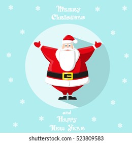 Holiday symbol. Icon colorful cute Santa Claus in circle on blue background. Snowflakes. Design element for decoration poster, banner, flyer, greeting card. Cartoon style. Vector illustration