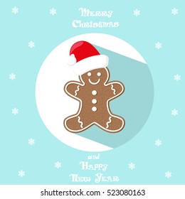Holiday symbol. Icon cute Gingerbread Man in white circle on blue background. Snowflakes. Design element for decoration poster, banner, flyer, invitation. Cartoon style. Vector illustration.