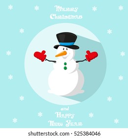 Holiday symbol. Icon cute snowman. Hat and gloves. Circle on blue background. Snowflakes. Design element for decoration poster, banner, flyer, greeting card. Cartoon style. Vector illustration