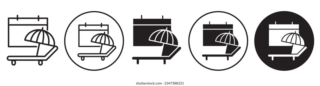 Holiday symbol  Icon. Vector set collection of vacation travel plan for relaxation or recreation by going to a beach. Flat sign of calendar with chair and umbrella 