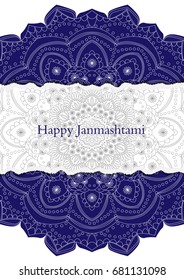 Holiday Symbols happy Janmashtami. Indian fest. Dahi handi on Janmashtami, celebrating birth of Krishna. Mandala background. Template for flyer, greeting cards. Vintage elements. Oriental pattern.