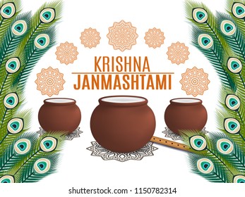 Holiday Symbols Krishna Janmashtami. Broken Pot of yoghurt, peacock feather, flute and sweets. Vector illustration
