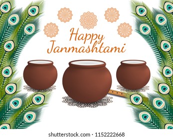 Holiday Symbols Krishna Janmashtami. Broken Pot of yoghurt, peacock feather, flute and sweets. Vector illustration