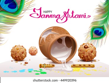 Holiday Symbols Krishna Janmashtami. Broken Pot of yoghurt, peacock feather, flute and sweets. Vector illustration