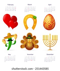 Holiday symbols set with calendar dates for year 2015 featuring St. Valentines, Saint Patricks Day, Easter, Cinco De Mayo, Thanksgiving Day and Hanukkah