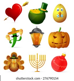 Holiday symbols set featuring St. Valentines, Easter, Saint Patricks Day, Ramadan, Cinco De Mayo, Thanksgiving Day, Hanukkah, Halloween and Christmas