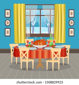 Holiday table with food and window. Modern cozy dining room interior with  table with chairs, paintings, window,  Vector illustration flat cartoon style.