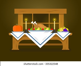 Holiday Table For Thanksgiving. Food Dinner, Celebration Traditional, Turkey And Vegetable, Pumpkin Flat Vector Illustration