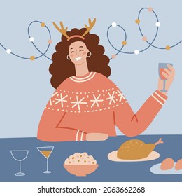 Holiday table with woman eating and drinking, Happy girl on holiday at home, celebrating new year. Flat vector illustration.