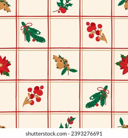 Holiday Tattersall seamless pattern with Christmas fir tree, snowberry and cotoneaster. Vector Simple Winter plaid background for print, cover, fabric, wrapping paper, wallpaper, textile, table cloth