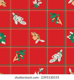 Holiday Tattersall seamless pattern with Christmas fir tree, snowberry and cotoneaster. Vector Simple Winter plaid background for print, cover, fabric, wrapping paper, wallpaper, textile, table cloth