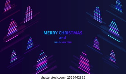 Holiday technology isometric web banner with neon trees icon. Merry Christmas and Happy New Year greeting card. Futuristic ai happy holidays vector design.