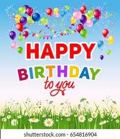 Holiday template for design banner, ticket, leaflet, card, poster and so on. Happy birthday background and balloons