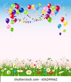 Plantilla de vacaciones para banner de diseño, boleto, volante, tarjeta, afiche, etc. Felices antecedentes de cumpleaños y globos