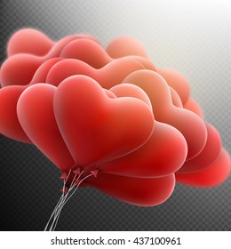Holiday Template with flying bunch of red hearts balloon on dark transparent background. Happy Valentines Day card. EPS 10 vector file included
