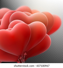 Holiday Template with flying bunch of red hearts balloon on dark transparent background. Happy Valentines Day card. EPS 10 vector file included