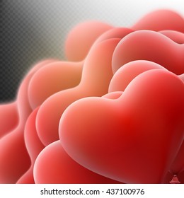 Holiday Template with flying bunch of red hearts balloon on dark transparent background. Happy Valentines Day card. EPS 10 vector file included