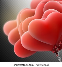 Holiday Template with flying bunch of red hearts balloon on dark transparent background. Happy Valentines Day card. EPS 10 vector file included