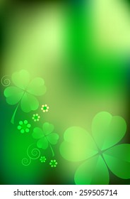 Holiday template on St. Patrick's Day. March 17. Green nature blurred background with lucky shamrocks. Vector illustration