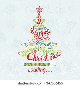 Holiday template vector. Joy, holiday, winter, happy, family, friends, pleasure, Christmas. Colored Christmas tree with stars, balls and calligraphy inscription on a New Year blue background.