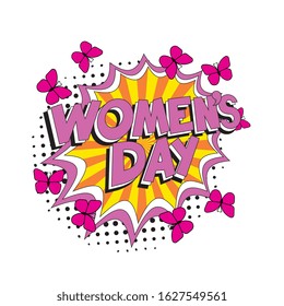 holiday text 'WOMEN'S DAY' in retro pop art style in comic speech bubble on white background. vector vintage illustration for banner, poster, etc. easy to edit and customize. eps 10