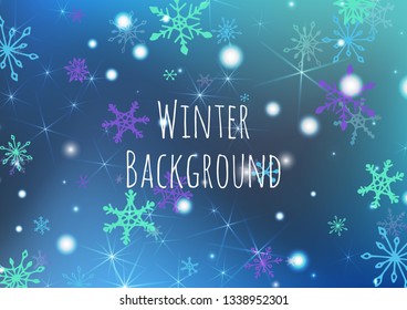 Holiday Texture with Cute Snowflakes and Shiny Lights. Festive Background for Christmas Decoration, Banner, Card. Vertical A4 Vector Background.