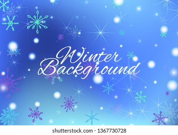 Holiday Texture with Cute Snowflakes and Shiny Lights. Festive Background for Christmas Decoration, Wrapping, Paper. Vertical A4 Vector Background.