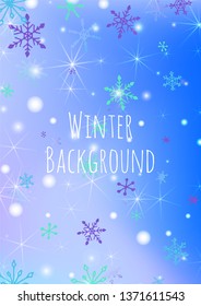 Holiday Texture with Cute Snowflakes and Shiny Lights. Festive Background for Christmas Decoration, Cloth, Fabric. Vertical A4 Vector Background.