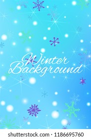Holiday Texture with Delicate Snowflakes and Shiny Lights. Festive Background for Christmas Decoration, Wrapping, Fabric. Vertical A4 Vector Background.