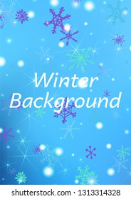 Holiday Texture with Delicate Snowflakes and Shiny Lights. Festive Background for Christmas Decoration, Brochure, Card. Vertical A4 Vector Background.
