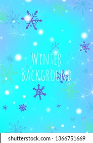 Holiday Texture with Lovely Snowflakes and Shiny Lights. Festive Background for Christmas Decoration, Wrapping, Paper. Vertical A4 Vector Background.