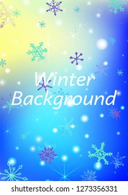 Holiday Texture with Pretty Snowflakes and Shiny Lights. Festive Background for Christmas Decoration, Brochure, Card. Vertical A4 Vector Background.