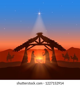 Holiday theme. Christian background with birth of Jesus, Christmas star and three wise men, illustration.