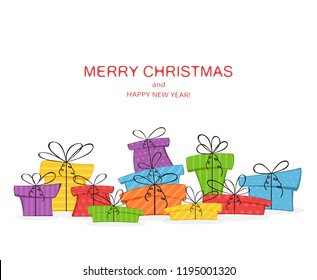 Holiday theme. Colorful presents isolated on white background with lettering Merry Christmas, illustration.