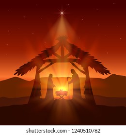 Holiday theme. Red christian background with Christmas star and birth of Jesus, illustration.