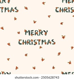 Holiday themed floral Merry Christmas lettering in a color palette of green, black, orange and yellow on off-white background. Great for home decor, fabric,wallpaper,giftwrap,stationery and packaging.