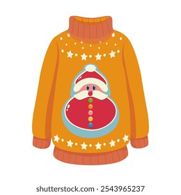 Festiva temática naranja feo suéter decorado con Santa Claus y patrón de estrellas. Linda Ilustración vectorial de ropa de invierno para Navidades, celebración del Año Nuevo y calor estacional.