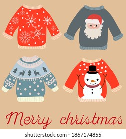 Holiday themed pattern of christmas sweaters with Santa Claus, snowman, snowflakes and elks. Vector